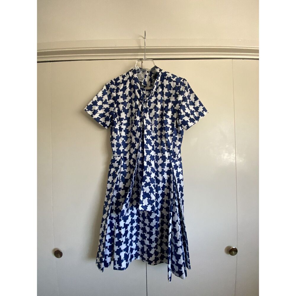 Vintage Bullocks Wilshire Marjorie Blue & White Abstract Print Dress Sz. Large